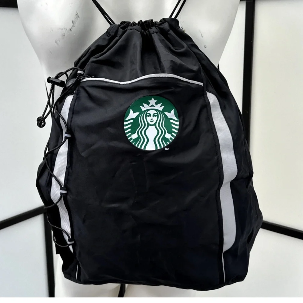 Starbucks Logo Drawstring Backpack Cinch Bag Gym Black Reflective Bungee ￼￼